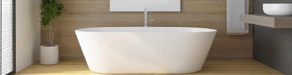 Helles Badezimmer mit freistehender Badewanne und modernen Holzdetails.