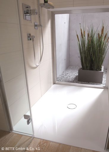 Moderne Dusche mit grauem Boden, Pflanze und großer Glasfront. Einladend und hell. Barrierefrei